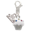 Silver Plated Small White Cupcake with Crystal Sprinkles - Silver Plated Clip on Charm with Mini Year 2025: Year to Remember Jewelry Gift - Celebrations