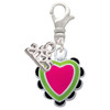 Silver Plated Hot Pink & Lime Green Heart with Black Ruffles - Silver Plated Clip on Charm with Mini Year 2025: Year to Remember Jewelry Gift - Celebrations