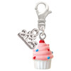 Resin Mini White Cupcake with Pink Frosting - Silver Plated Clip on Charm with Mini Year 2025: Year to Remember Jewelry Gift - Celebrations