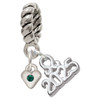 Silver Plated Mini May - Green Crystal Heart - Silver Plated Twist Rope Bead Charm Dangle with Mini Year 2025: Year to Remember Jewelry Gift - Celebrations