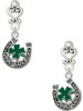 Silver Plated Good Luck Horseshoe with Green Four Leaf Clover - Filigree Heart Post Earrings
