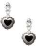 Silver Plated Black Concho Heart - Filigree Heart Post Earrings