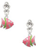 Silver Plated Hot Pink Tropical Fish with Lime Green Stripe - Filigree Heart Post Earrings