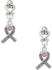 Silver Plated Scroll Ribbon with Pink Crystal - Filigree Heart Post Earrings