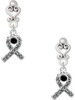 Silver Plated Scroll Ribbon with Black Crystal - Filigree Heart Post Earrings