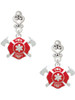 Silver Plated Red Fire Department Shield with Axes - Filigree Heart Post Earrings