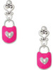 Silver Plated Hot Pink Enamel Lock with Clear Crystals - Filigree Heart Post Earrings