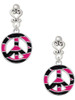 Silver Plated Large Hot Pink Tiger Print Peace Sign - Filigree Heart Post Earrings
