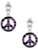 Silver Plated Large Purple Tiger Print Peace Sign - Filigree Heart Post Earrings