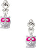 Silver Plated Owl with Hot Pink & Clear Crystal Eyes - Filigree Heart Post Earrings