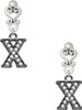 Black Nickeltone Crystal Initial - X - Beaded Border - Filigree Heart Post Earrings