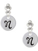 Silver Plated Large Script Letter Disc - N - Filigree Heart Post Earrings