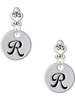 Silver Plated Large Script Letter Disc - R - Filigree Heart Post Earrings