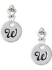 Silver Plated Large Script Letter Disc - W - Filigree Heart Post Earrings