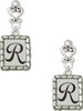 Silver Plated Pebble Border Initial - R - Filigree Heart Post Earrings