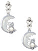 Silver Plated Large Imitation Pearl Owl Sitting on White Moon - Filigree Heart Post Earrings