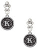 Silver Plated Antiqued Round Seal - Initial - K - Filigree Heart Post Earrings