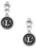 Silver Plated Antiqued Round Seal - Initial - L - Filigree Heart Post Earrings