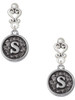 Silver Plated Antiqued Round Seal - Initial - S - Filigree Heart Post Earrings