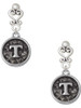 Silver Plated Antiqued Round Seal - Initial - T - Filigree Heart Post Earrings