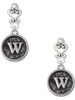 Silver Plated Antiqued Round Seal - Initial - W - Filigree Heart Post Earrings