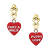 Acrylic Red "Puppy Love / Take a Walk" Heart - Gold tone Filigree Heart Post Earrings