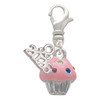 Silver Plated Small Pink Cupcake with Crystal Sprinkles - Silver Plated Clip on Charm with Mini Year 2026: Year to Remember Jewelry Gift - Celebrations