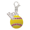 Silver Plated Optic Yellow Softball with Red Crystal Stitching - Silver Plated Clip on Charm with Mini Year 2026: Year to Remember Jewelry Gift - Celebrations