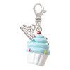 Resin White Cupcake with Blue Frosting - Silver Plated Clip on Charm with Mini Year 2026: Year to Remember Jewelry Gift - Celebrations