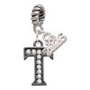 Black Nickeltone Crystal Initial - T - Beaded Border - Silver Plated Twist Rope Bead Charm Dangle with Mini Year 2026: Year to Remember Jewelry Gift - Celebrations