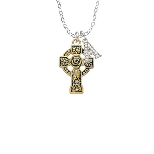 Large Gold Tone Celtic Cross Crystal Initial - Sophia Necklace