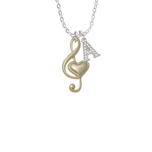 Large Gold Tone Clef with Heart Crystal Initial - Sophia Necklace
