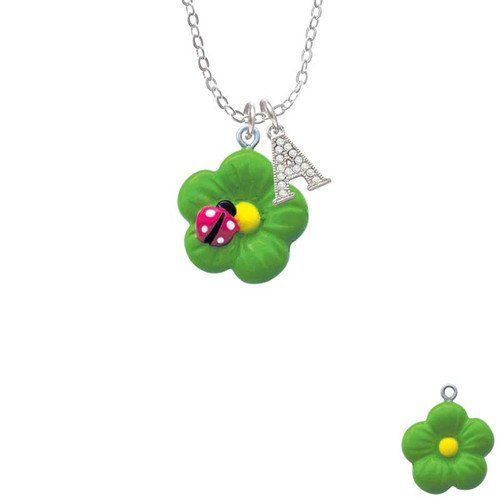 Resin Lime Green Daisy Flower with Hot Pink Ladybug Crystal Initial - Sophia Necklace