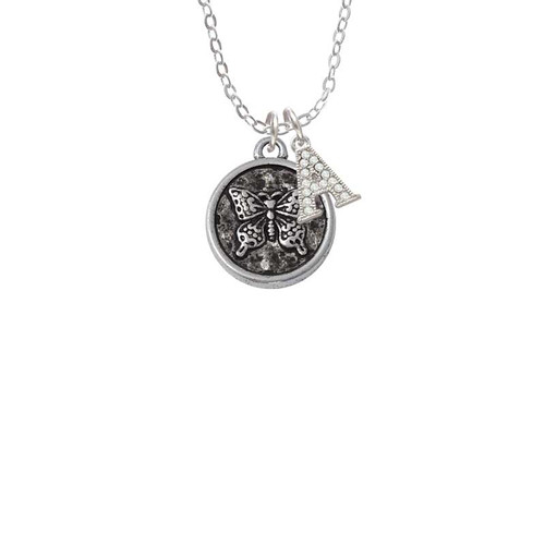 Antiqued Round Seal - Butterfly Crystal Initial - Sophia Necklace