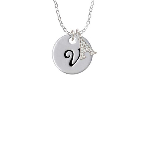 Large Script Letter - V - 3/4'' Disc - Crystal Initial - Sophia Necklace