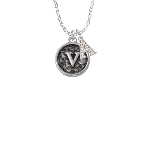 Antiqued Round Seal - Initial - V - Crystal Initial - Sophia Necklace