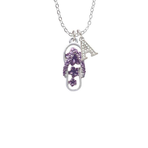 Purple Open Plumeria Flower Flip Flop Crystal Initial - Sophia Necklace
