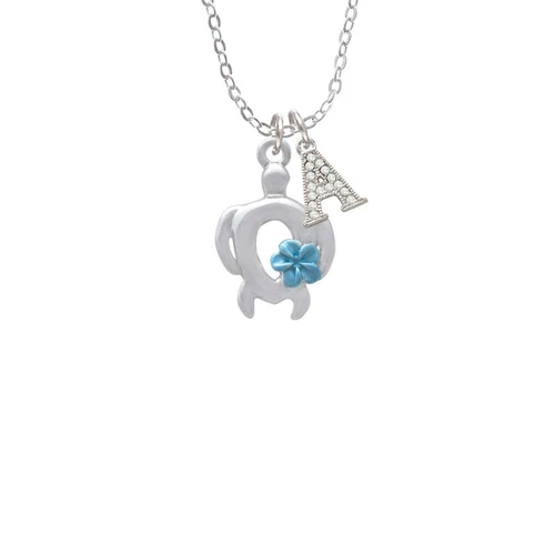 Open Sea Turtle with Blue Plumeria Crystal Initial - Sophia Necklace