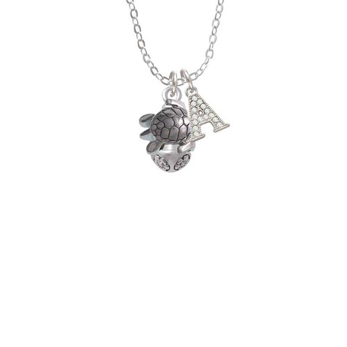Silver Tone 2-D Sea Turtle Spinner Crystal Initial - Sophia Necklace
