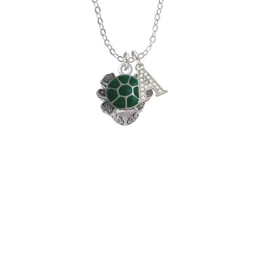 Green Enamel 2-D Turtle Spinner Crystal Initial - Sophia Necklace