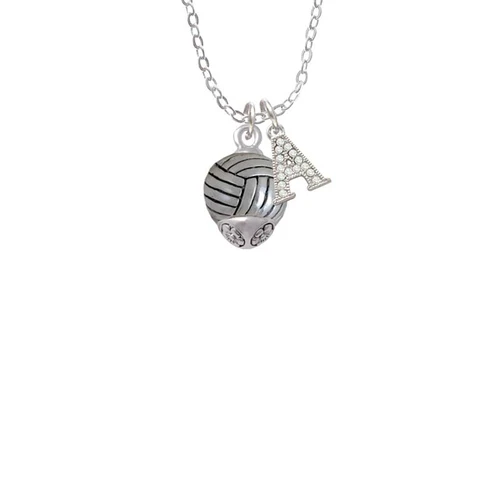 Silver Tone Volleyball Spinner Crystal Initial - Sophia Necklace