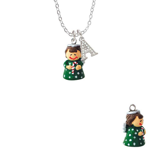 Resin Green Angel Holding Candy Cane Crystal Initial - Sophia Necklace