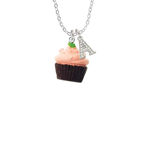 Resin Chocolate Cupcake with Pink Frosting Crystal Initial - Sophia Necklace