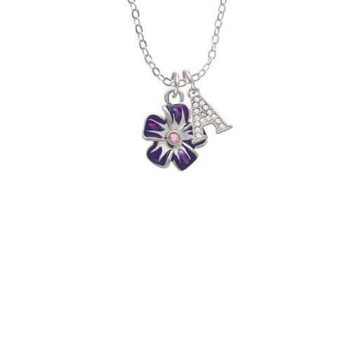 Purple and White African Violet Flower with Pink Crystal Crystal Initial - Sophia Necklace