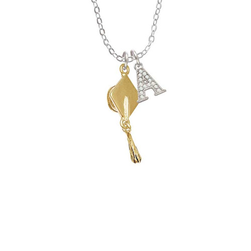 Gold Tone Graduation Hat Crystal Initial - Sophia Necklace