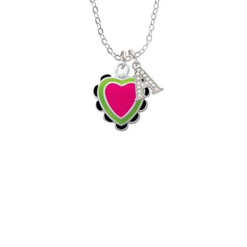 Hot Pink & Lime Green Heart with Black Ruffles Crystal Initial - Sophia Necklace