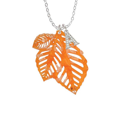 Acrylic Medium Triple Leaf Pearly Orange Crystal Initial - Sophia Necklace