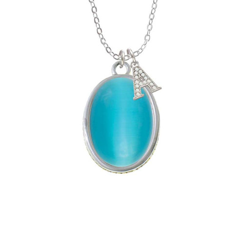 Oval - Imitation Cat's Eye - Dark Teal - Crystal Initial - Sophia Necklace