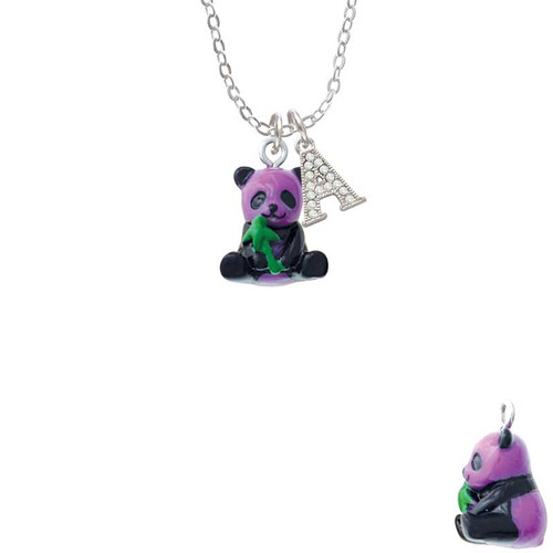 Resin Purple Panda Bear Crystal Initial - Sophia Necklace