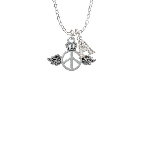 Winged Peace Sign with Crown Crystal Initial - Sophia Necklace